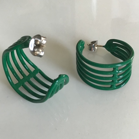 Vintage 1980s Hoop Earrings Pierced Green Retro Disco - Picture 16 of 16